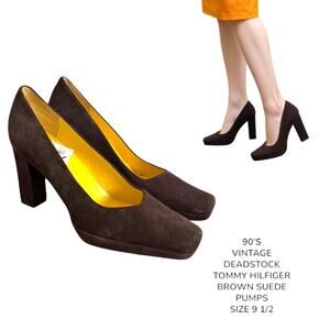 90'S VINTAGE DEADSTOCK TOMMY HILFIGER‎ BROWN SUEDE PUMPS HEELS 9 1/2
